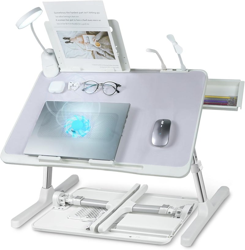 XTRA Laptop Lap Desk with Cooling Fan - Adjustable with Light, USB, Storage Drawer - Folding Bed Desk,22.04"*12.59",Grey - Image 1